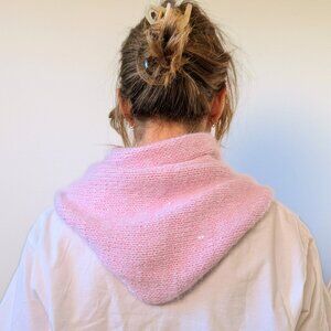 LUXURY 90% Angora Hand Knit Triangle Scarf Soft Pink Sequin Bandana Head Wrap